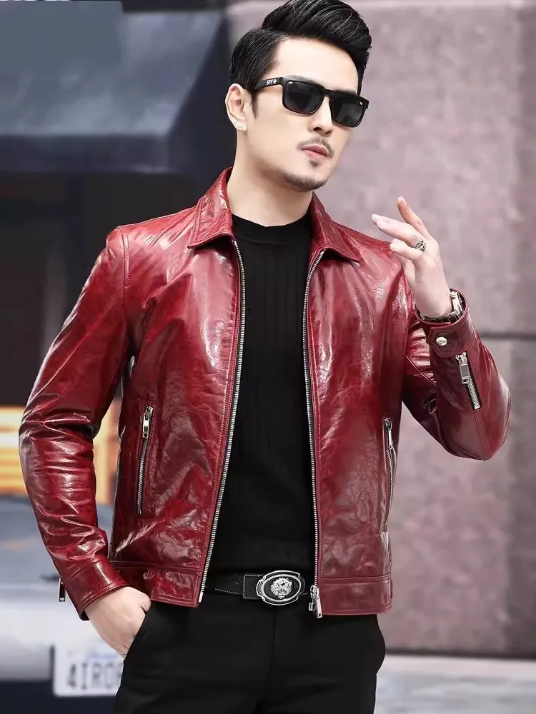 New Mens Genuine Leather Motorcycle Jacket Punk Zipper Slim Fit Lapel Glossy Sheepskin Coat Spring Autumn Street Outerwear Male