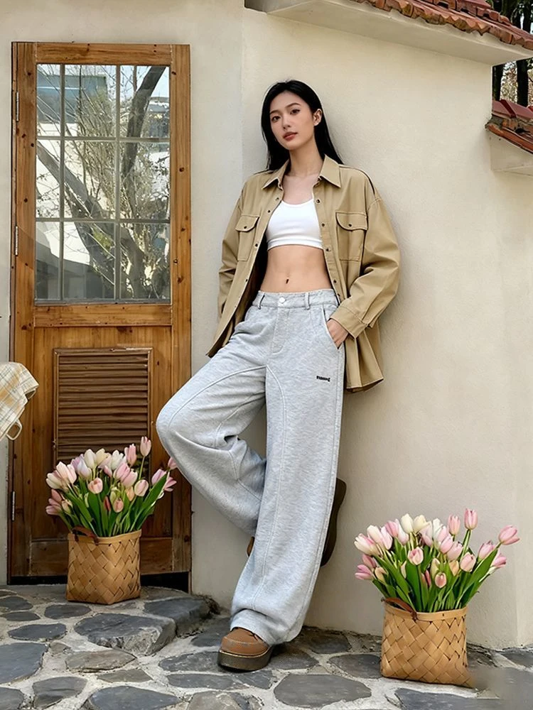 Y2K-pantalones Retro americanos para mujer, traje estilo cintura para correr, pierna ancha gruesa, corte de guadaña, ropa de calle informal, pantalones de pierna ancha versátiles