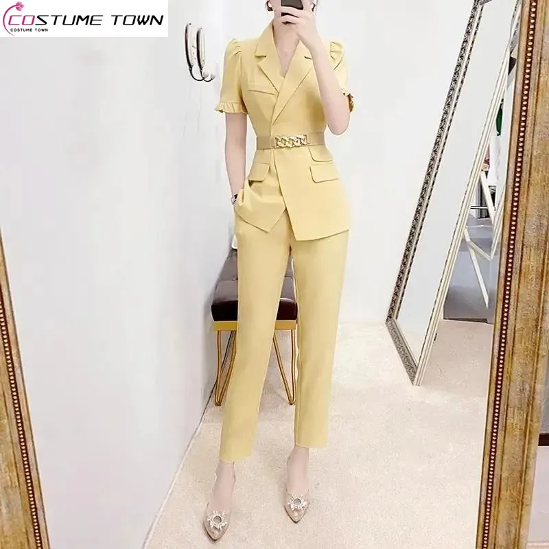 Korean Popular Belt Decoration Ruffle Short Sleeve Jacket Casual Trousers Two-piece Elegant Blazer for Women Pants Set Outfits