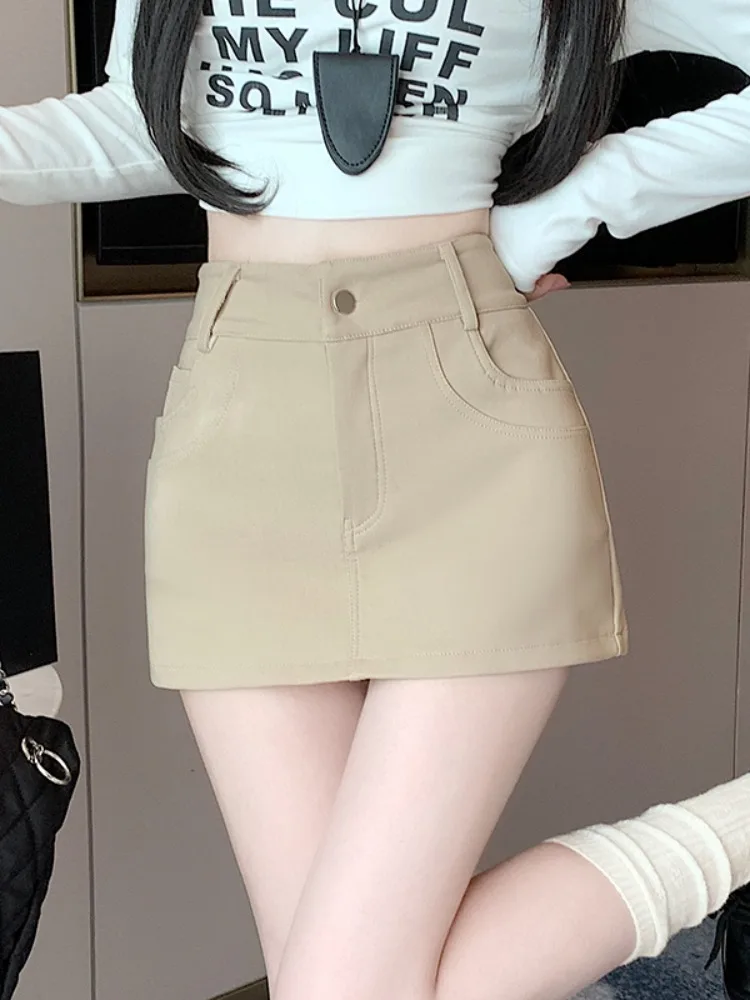 

Khaki Woolen Skirt Women's High Waist Elastic ort Skirt Prevent Exposure A-Line Slimming Bodycon Skirt Casual Sle