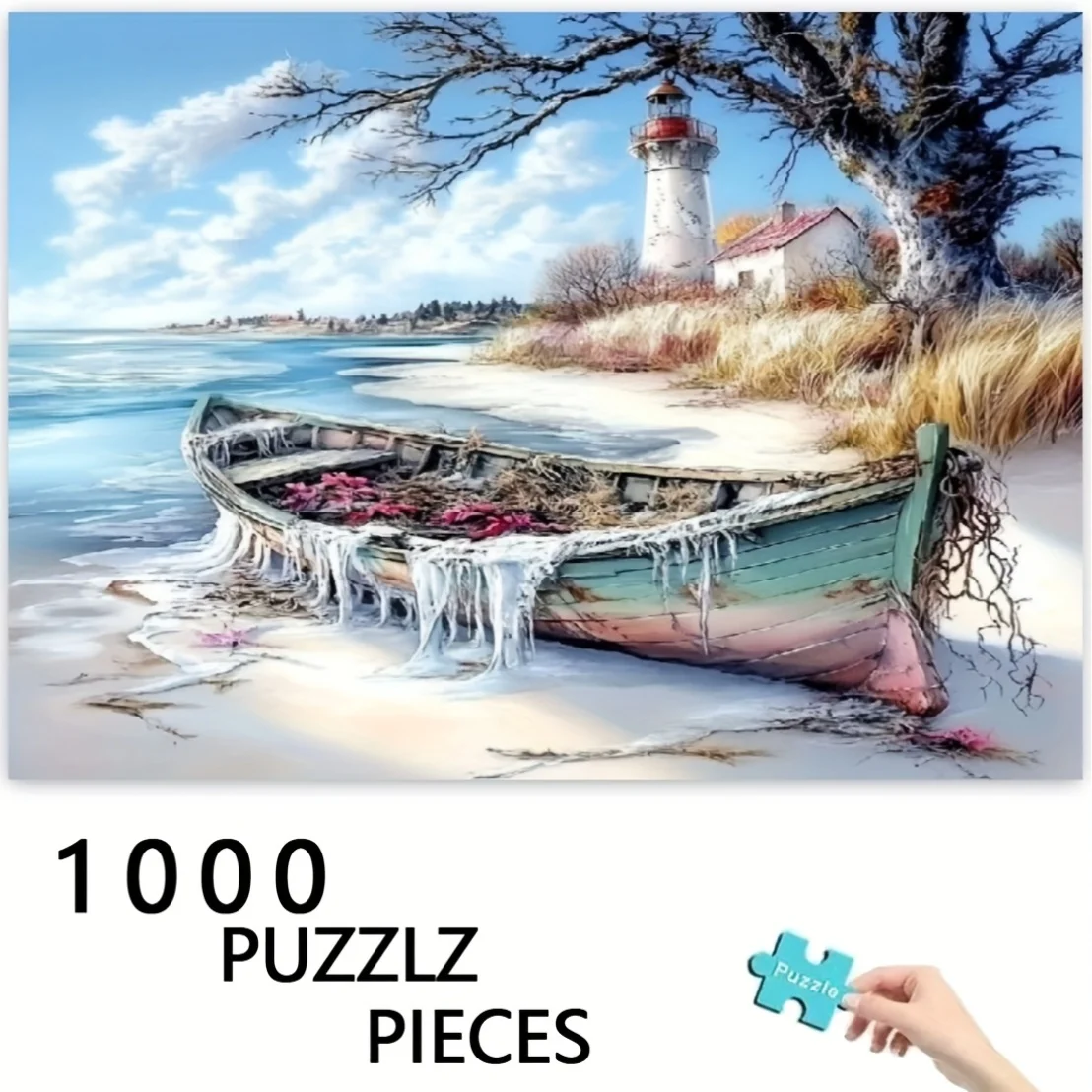

1000pcs Thick Puzzle - Vintage Beach Landscape Featuring a Coastal Lighthouse And Boat Scene, Durable Build, Great Challenge f