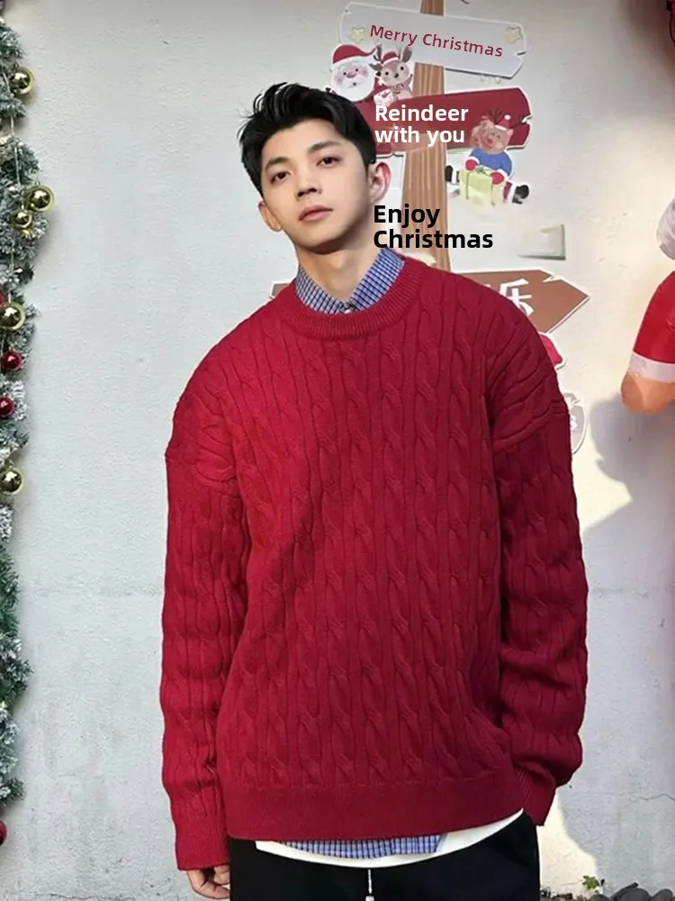 

Red Cisas Knitted Fce Lined Loose round Ne Men's Sweater Casual Comfortable Polyester Fiber Long Sve Winter Coat