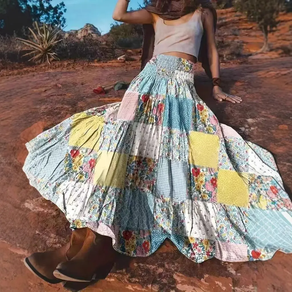 

Floral Printed Splicing Long Skirt for Women European And American Style Trendy Design Fashion