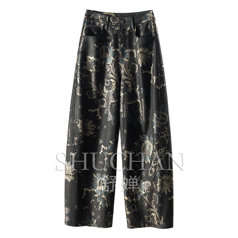 

Sheepskin High-end Printing High Waist Wide Legs Sickle Pants Women Fashion Pantalones Hippies Bohemio Mujer
