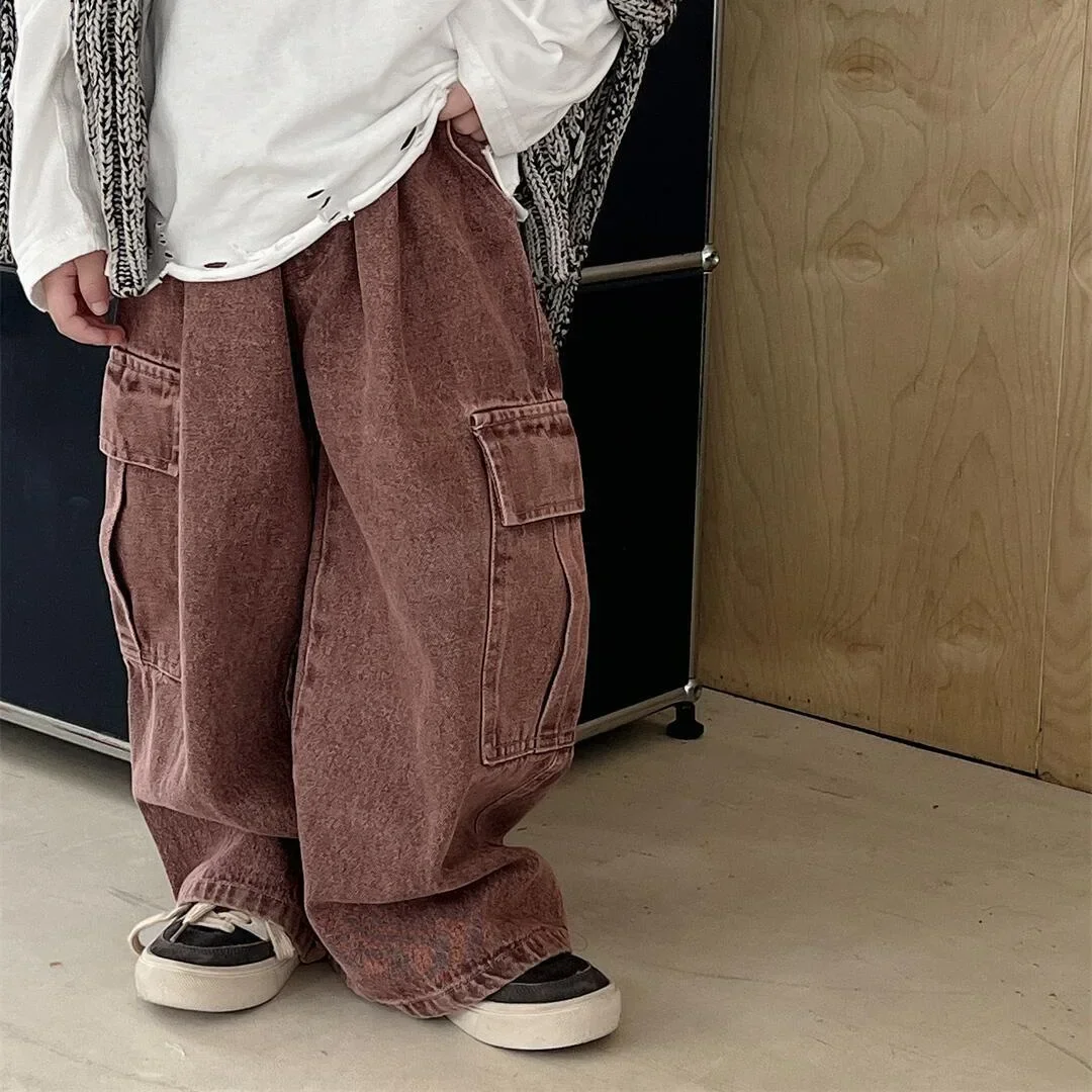 

Childrens Pants 2024 Autumn American Retro Street Red Work Solid Color Wide Leg Boys Handsome Kids Pants