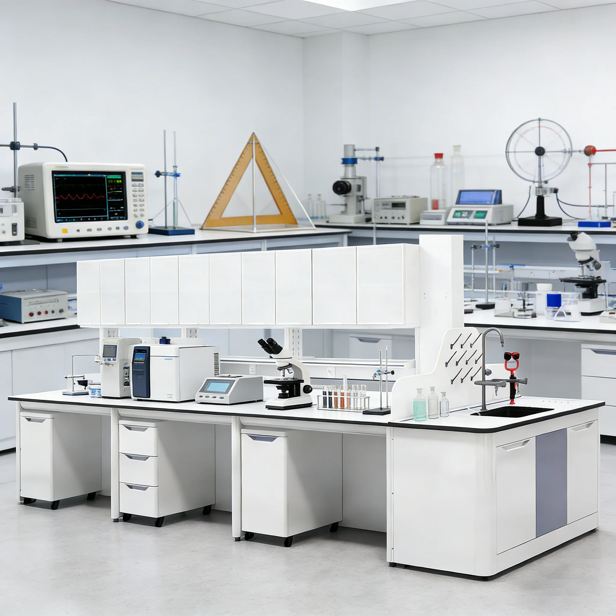 New Show Modern Stainless Steel Central Lab Workbench Adjustable Shelves Acid-Resistant Top Model 25-SYZQ85 for Schools