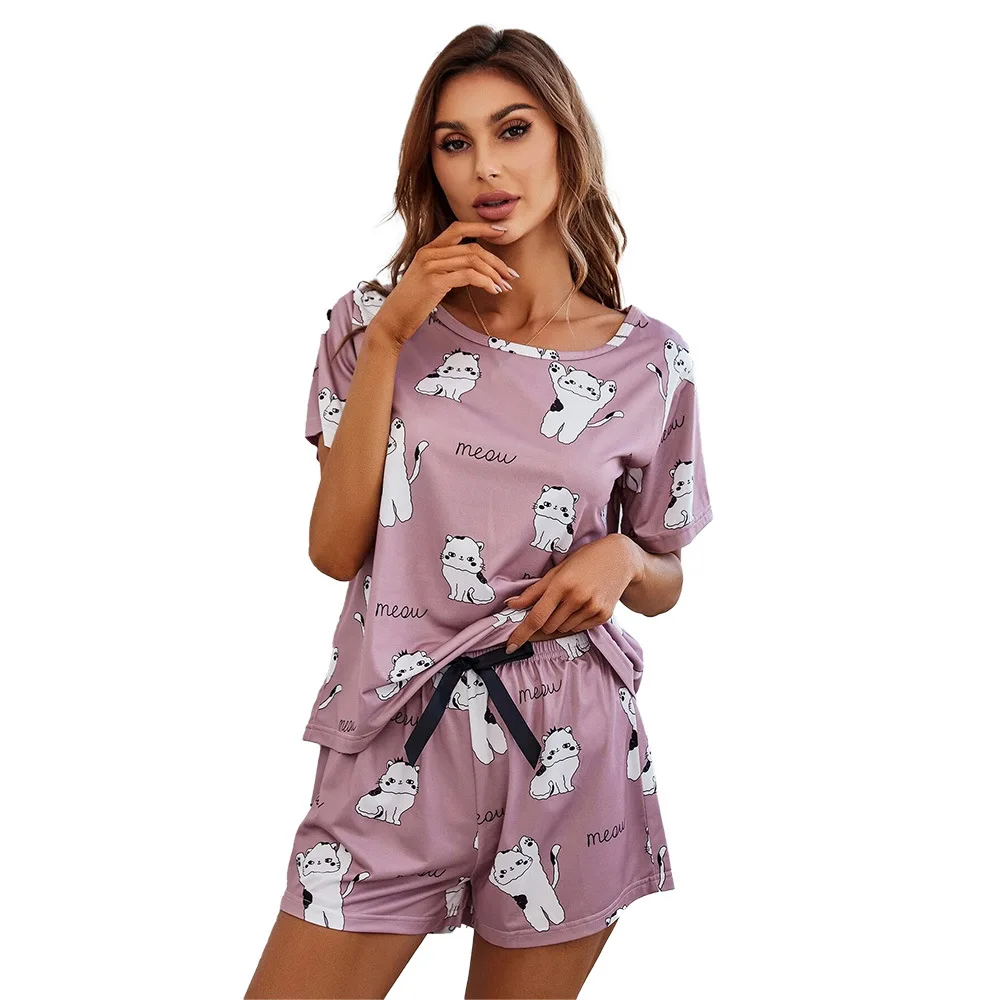 Damen-Pyjama-Set mit Cartoon-Druck, kurzärmelig, T-Shirt, Shorts, Nachtwäsche, 2-teiliges Set für Damen, lässig, Rundhalsausschnitt, belüfteter Anzug