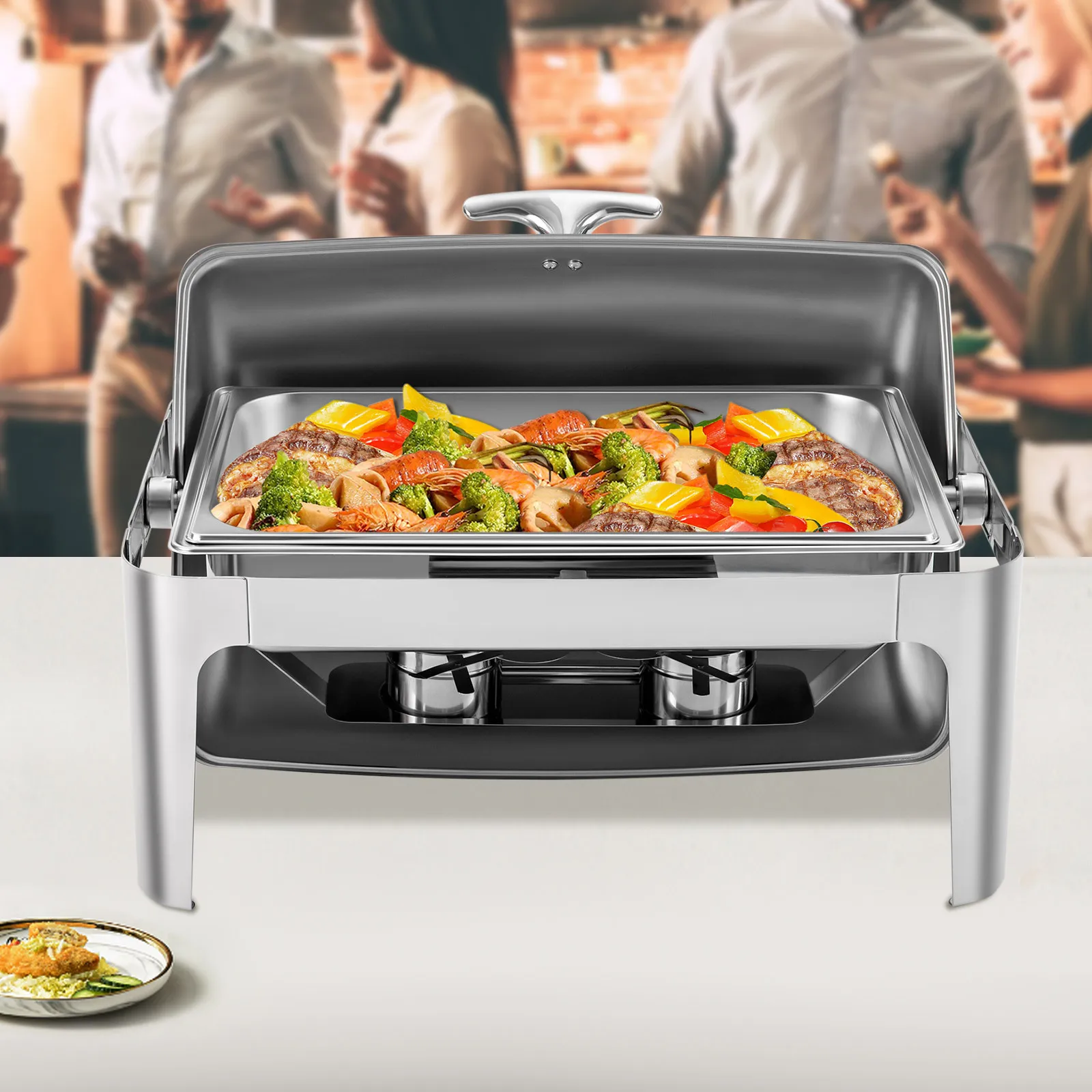 

1 Set Stainless Steel Roll Top Chafing Dish Rectangular Buffet Set - Double-Pan Design Hot Water Heating Corrosion Resistance