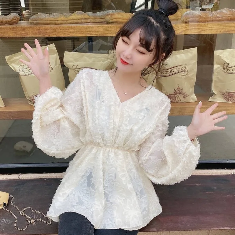 Blouses Women Classy Elegant V-Neck Tender College Solid Design Popular Chiffon Ulzzang Blusones De Mujer Lovely French Style