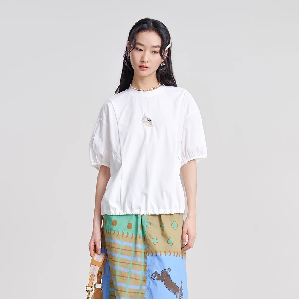 MOVEUP Short-Sleeve T-Shirt for Women Spring 2026 Embroidered Puff Sleeve Kitted Tees Adjustable Hem Loose Casual Top 3ELC10530