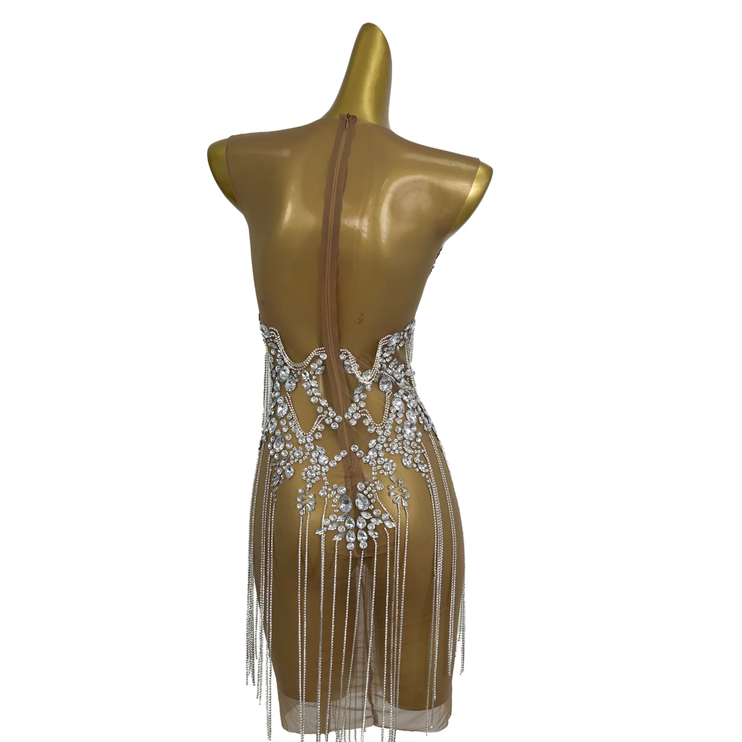 Zuanhua-Robe de Bal à Franges et Strass pour Femme, Tenue Sexy en Maille Transparente pour Spectacle de brevsur Scène