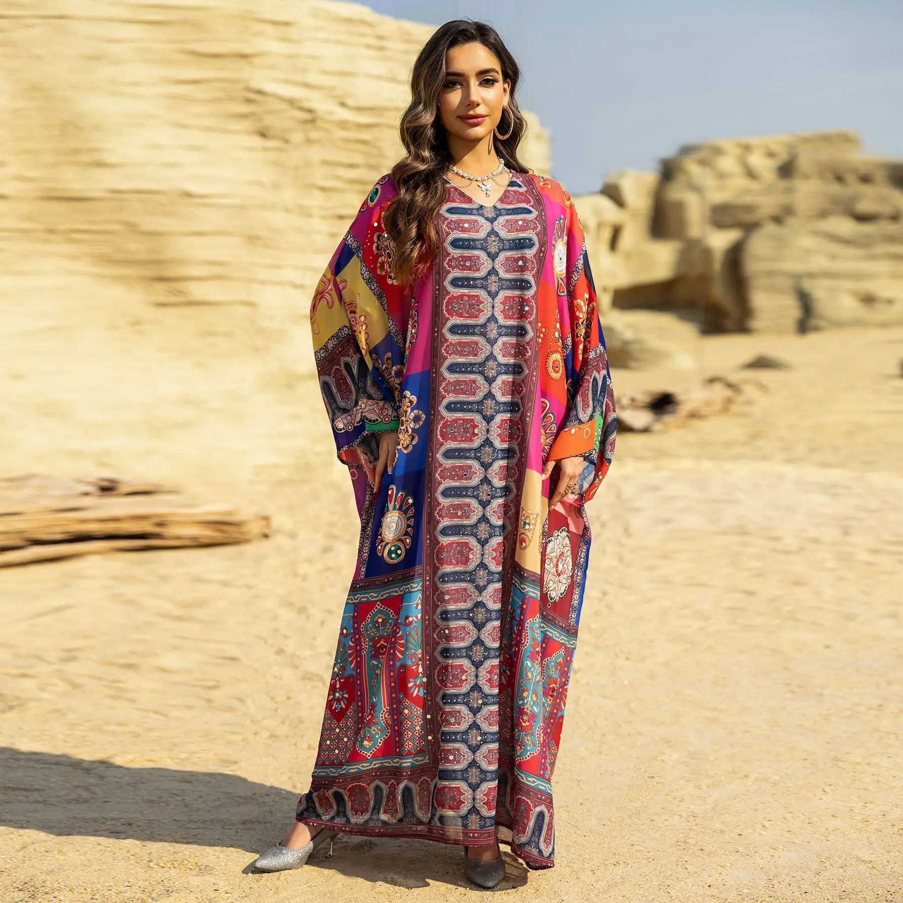 

Ab471 Ethnic Style V-neck Batwing Sleeve Cotton Beach Dress Vacation Dress Summer Printed Colorful Dress Islam Elegant