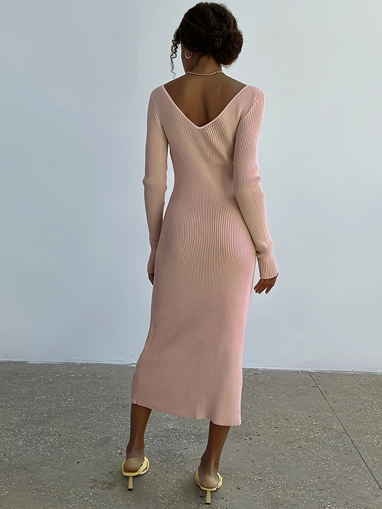 Autumn and Winter Women\'s V-neck Sexy Pink Knitted Long Dress Fashion Stripe Long Sleeve Elastic Slim Fit Dress S-2XL