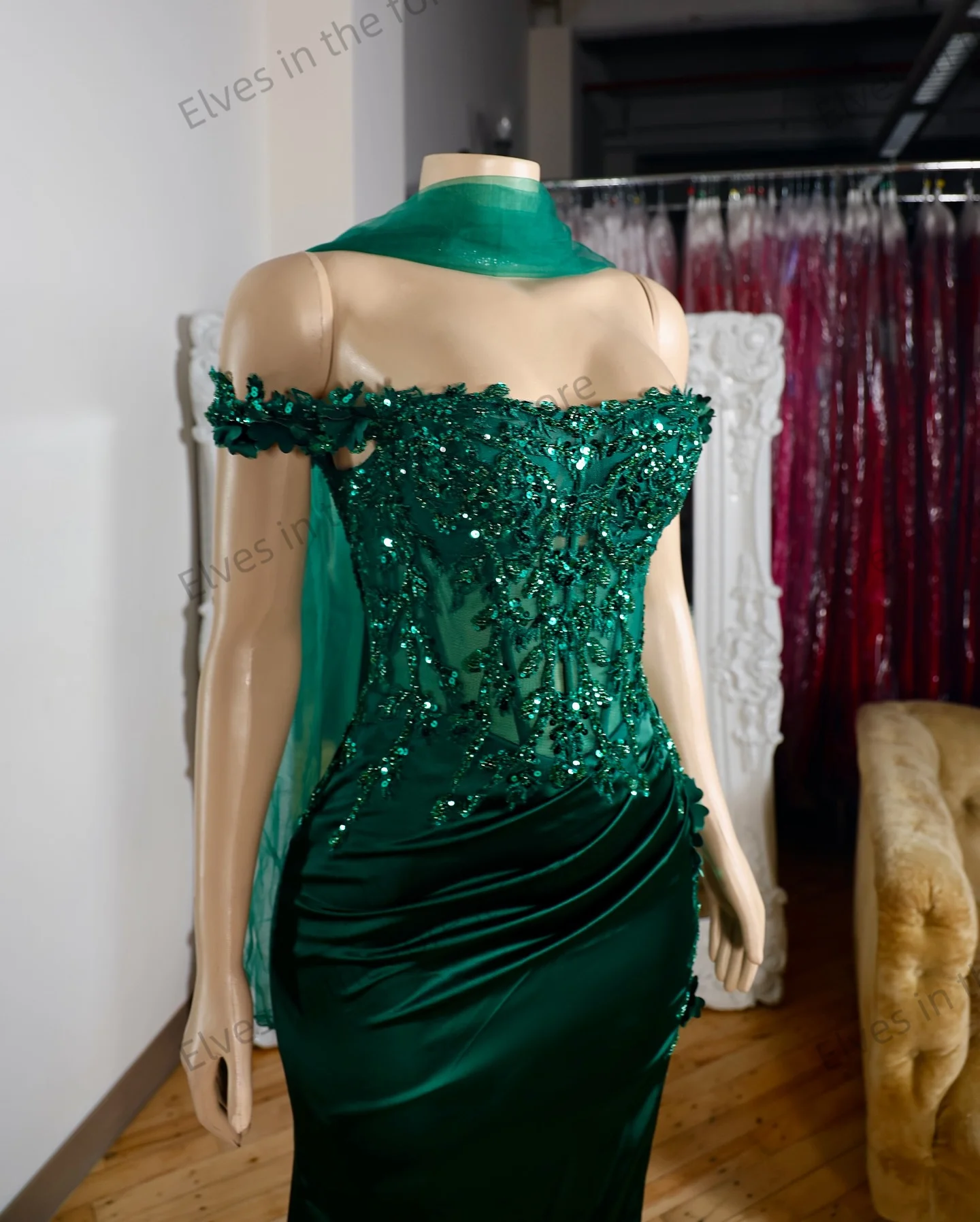 فستان سهرة رائع بحورية البحر باللون الأخضر بدون أكتاف وصمة عار مطرز بدون أكمام رداء de Soire مخصص مثير بشق للحفلات الراقصة #2