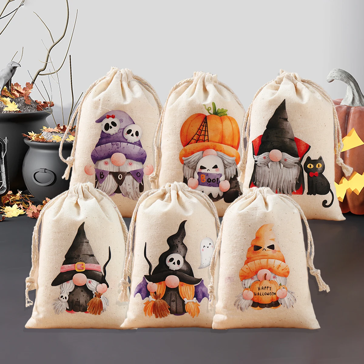 Bolsas de regalo de yute de arpillera para Halloween, bolsa con cordón para dulces, fantasma de calabaza, truco o trato, suministros de fiesta para niños, 2024