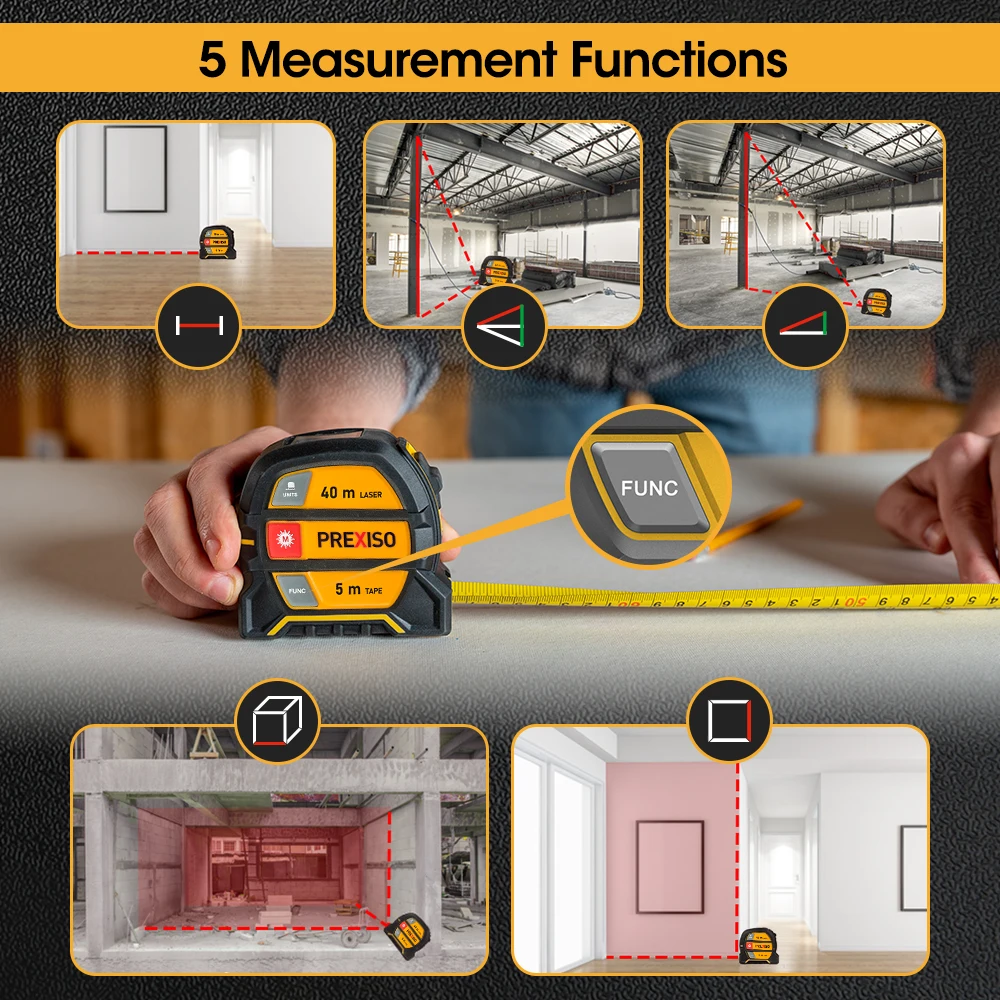 PREXISO 2 IN 1 Laser Tape Measuring Retractable Distance Meter 40M Digital Laser & 5M Tape Measure Range Finder Lazer Metreler