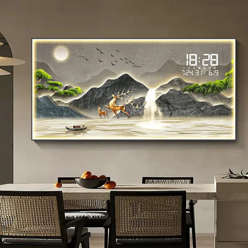 LED Crystal Porcelain Painting Wall Art Digital Clock Landscape Diamond Art Frame For Restaurant Decoration Canvas Support Base