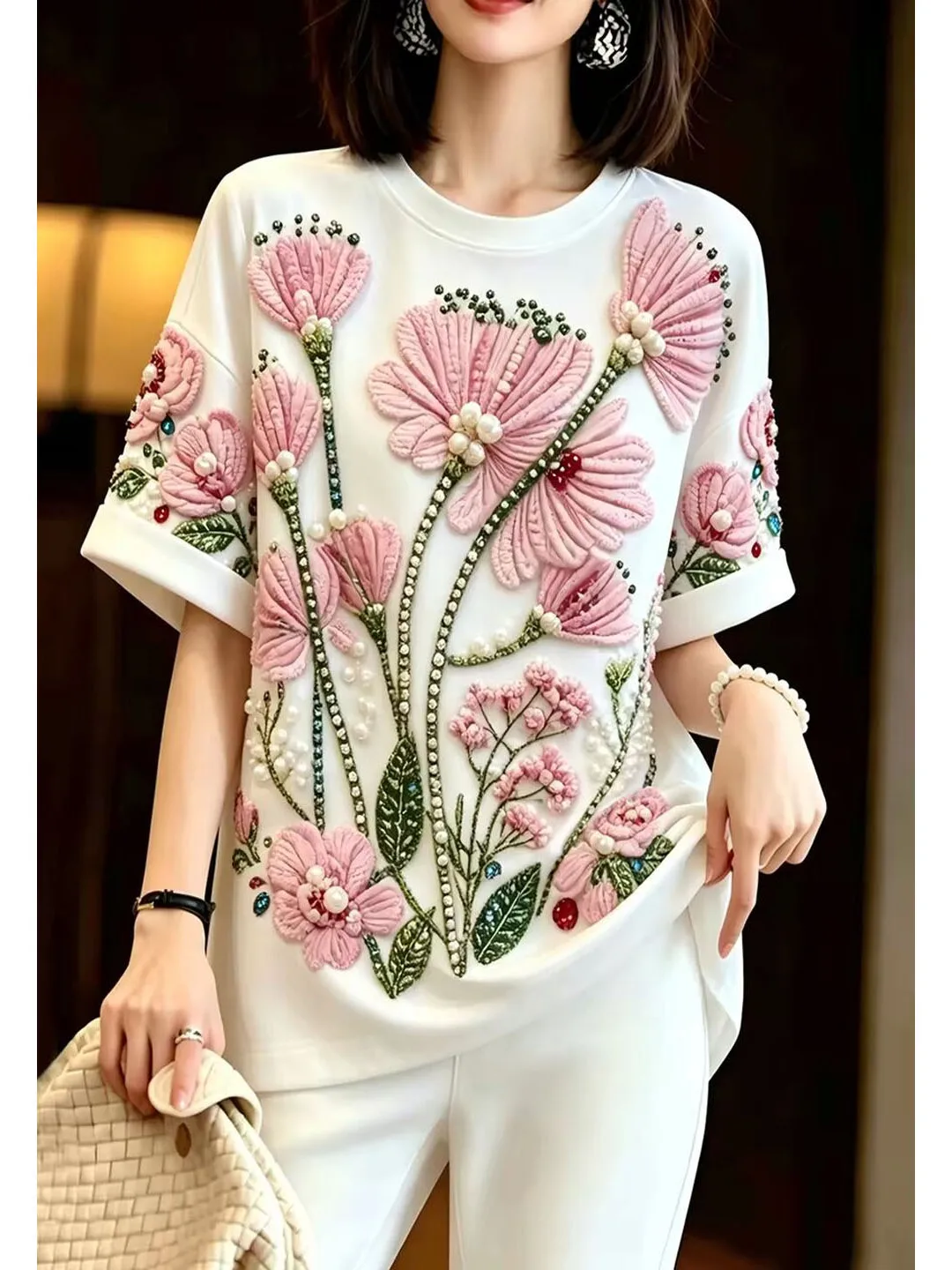 Summer New Style Commuter Loose Women's T-shirt Floral Short Sleeve White High-End Sensation Versatile Top Quality Material