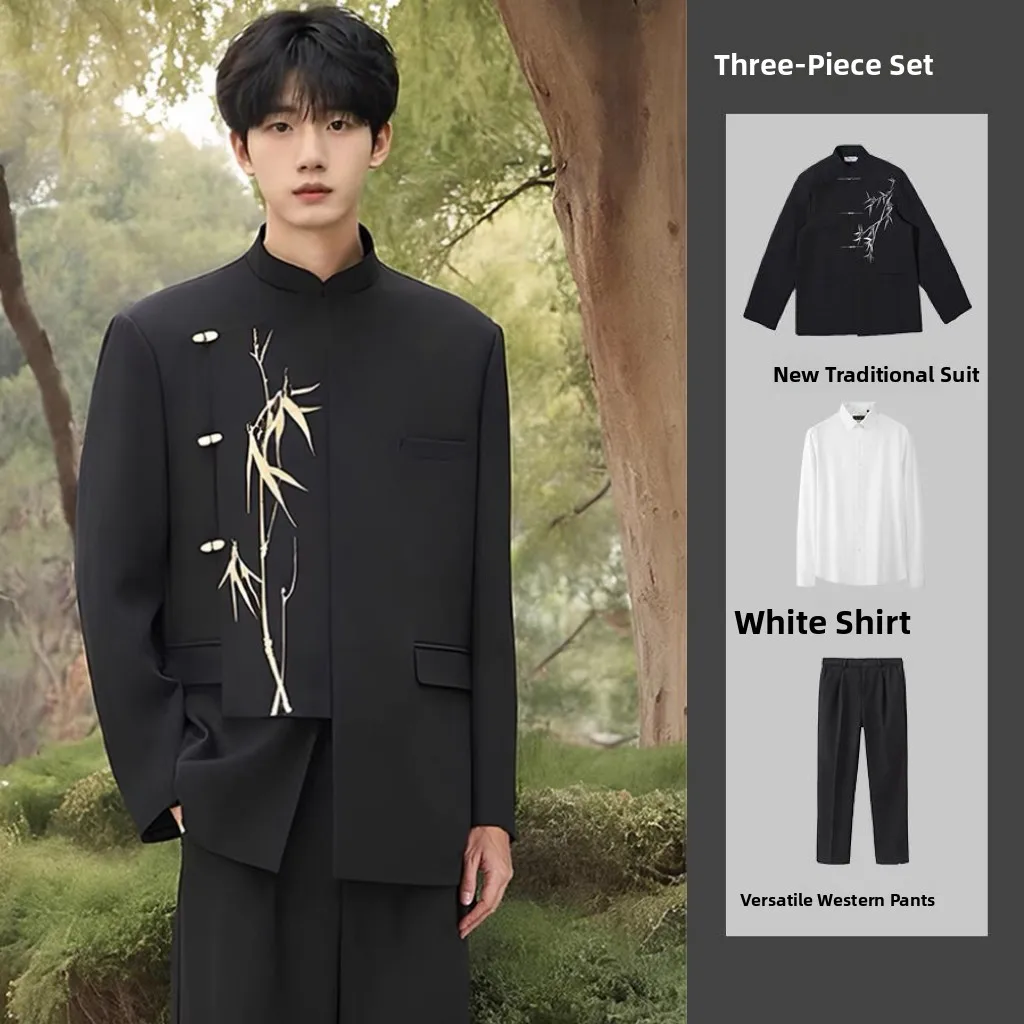 

Китайский свадебный костюм для мужчин, церемония для взрослых, официальная одежда, длинный воротник-стойка, золотой бамбуковый дизайн, подставка