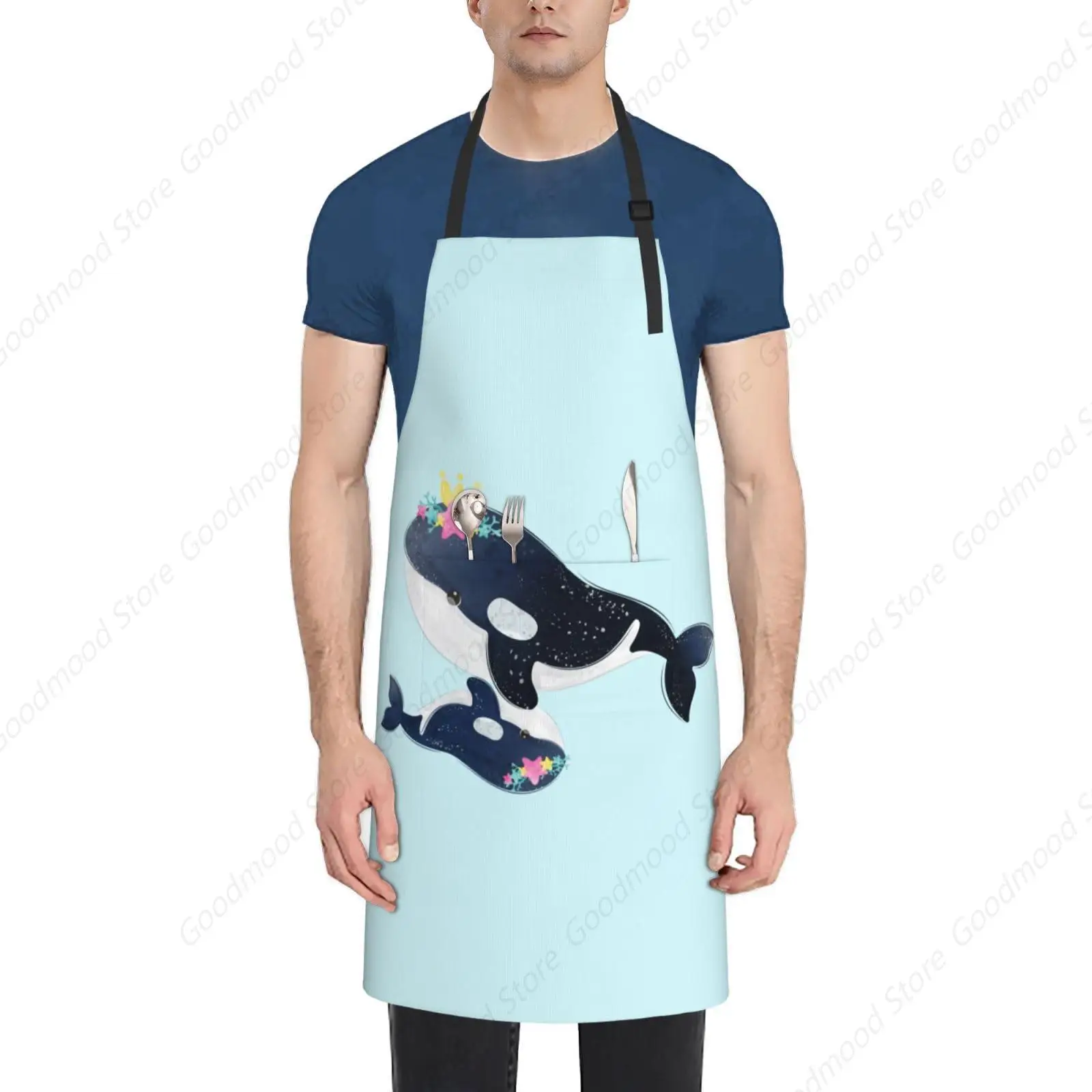 Cute Whale Apron Adjustable Waterproof With Pockets Bib Kitchen Cooking Aprons Chef Aprons For Men Women