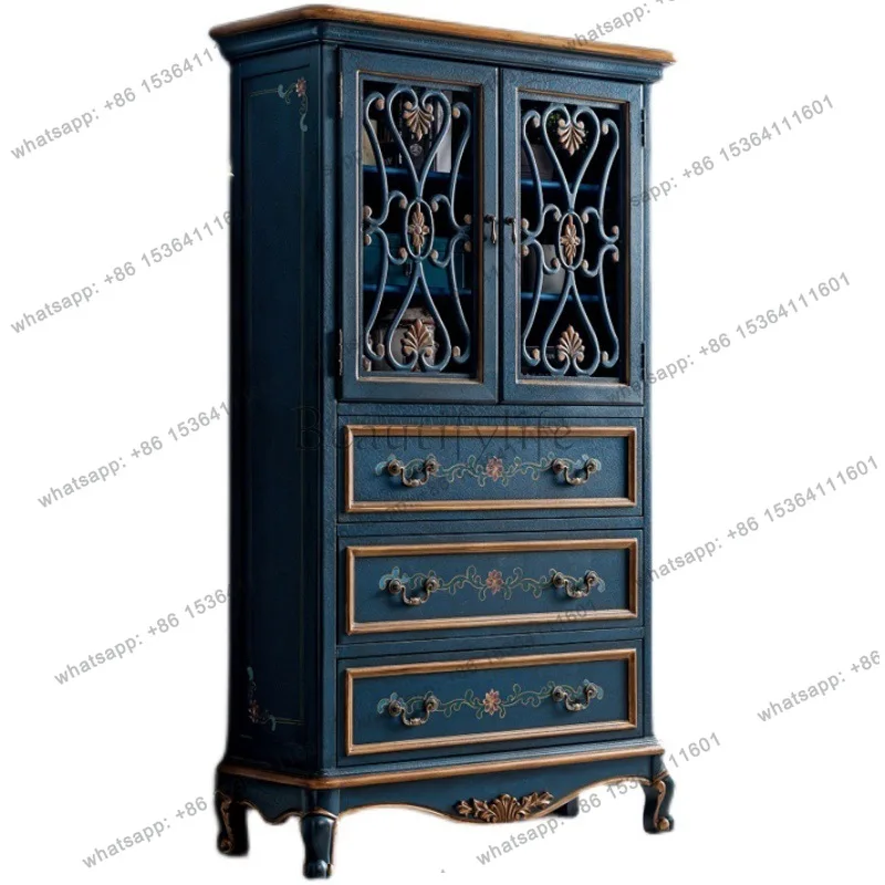 American three-bucket two-door cabinet solid wood retro blue painted side cabinet hollow storage