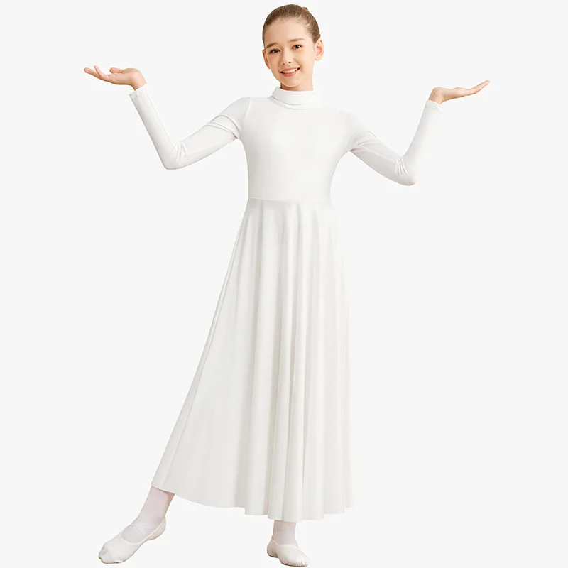 Girls Folding High Neck Praise Dance Dress Loose Fit Full Length Long Sleeve Worship Liturgical Costume with Freely Cropping