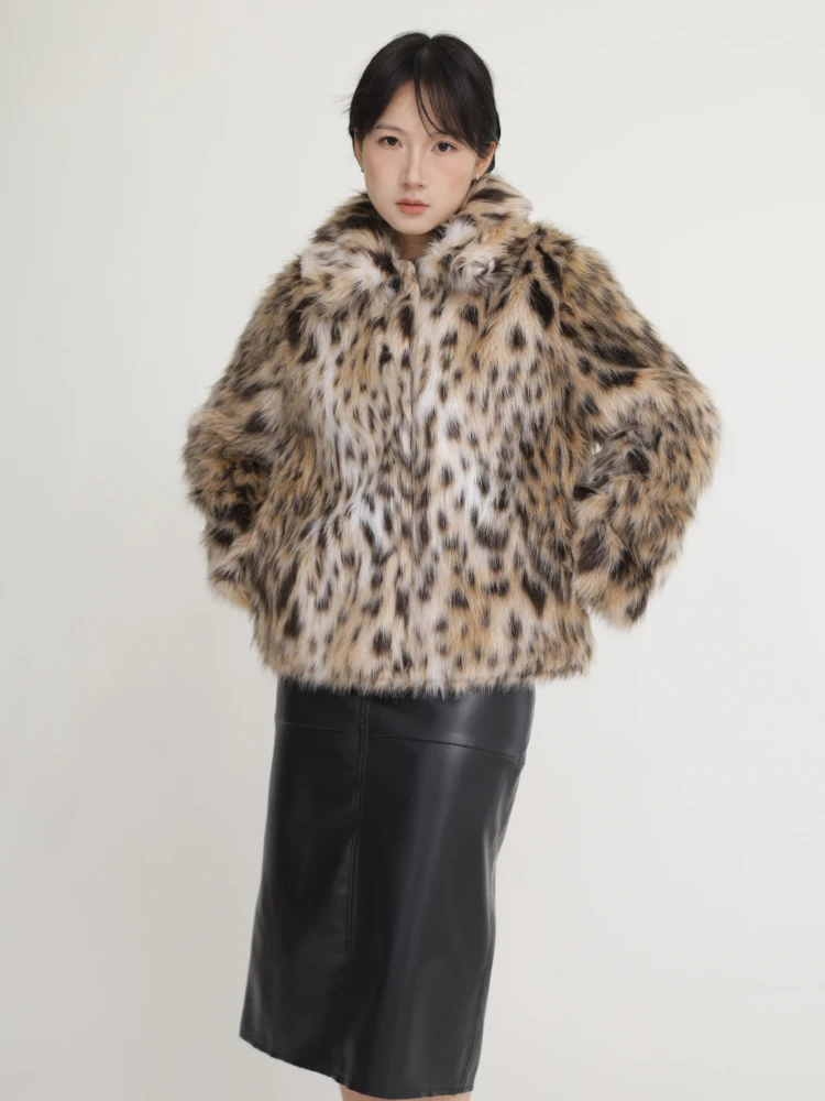 adient Colored Leopard Print Jaet Vintage Patchwork Leather  Buttoned Artificial Fur Coat  Collar Long Sve
