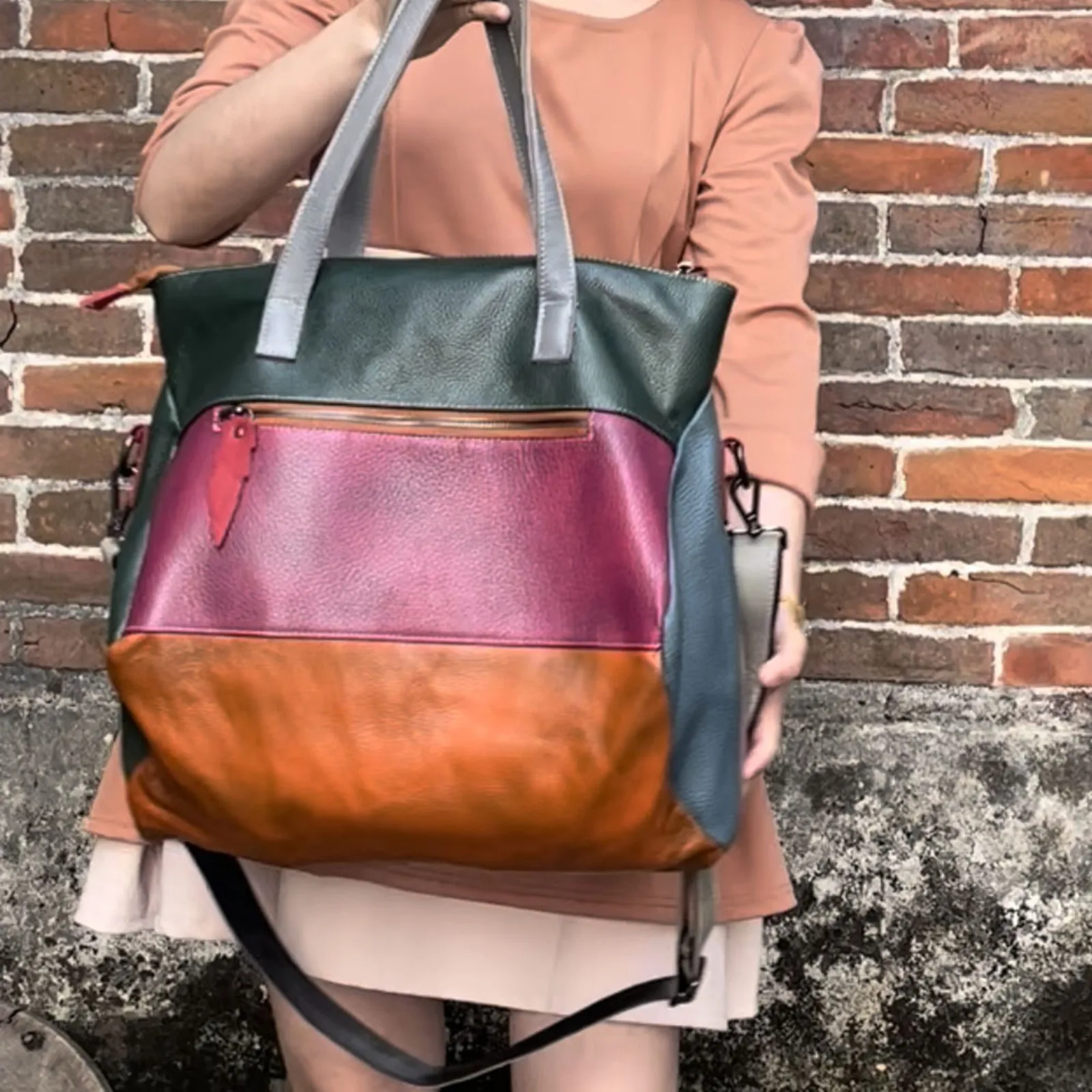 Ms. Splicing Contrast Color Women Handbag Head Layer Cowhide Shoulder Crossbody Bag Girl Travel Messenger Antiquing Storage Case view 2