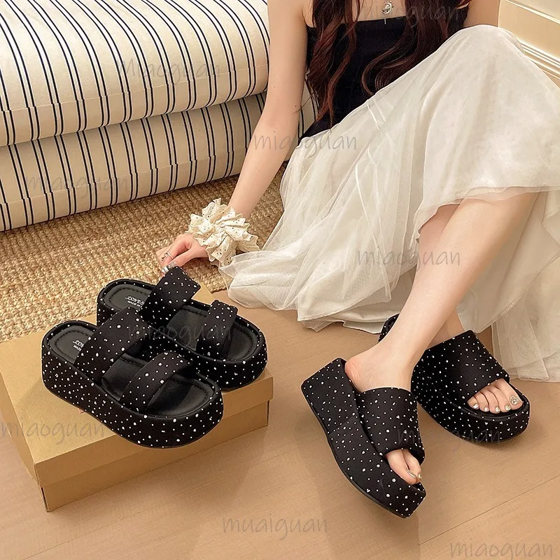 

French Polka Dots Black Chunky Platform Slides Open Toe Wedge Fashion Sandals Comfortable Slip-On Casual Summer Slippers Size 39