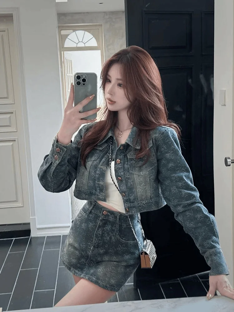 

Syj Comfortable Home American Retro Spicy Girl Short Denim Jacket Early Autumn High-End Feeling Skirt Set for plus Size Women