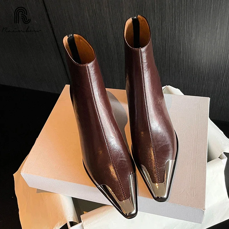 RAINBOW 34-39 Women Genuine Leather Ankle Boots Chunky High heel Pointed toe Shoes Autumn Black Winter Boots Sexy Rear zipper