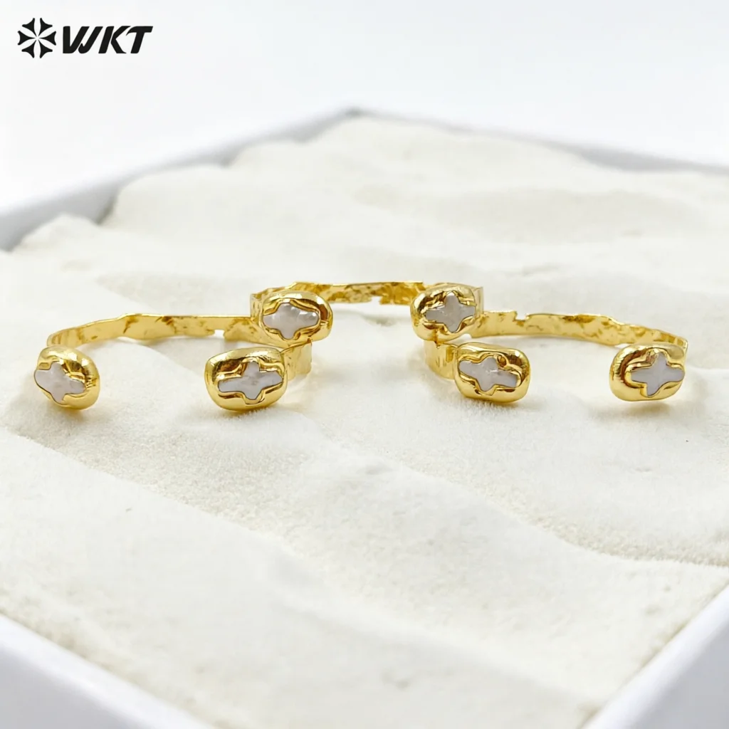 

MPB106 Amazing Christian Religious Double Cross Freshwater Pearl Set 18K Gold Plated Metal Bangle In Adjustable