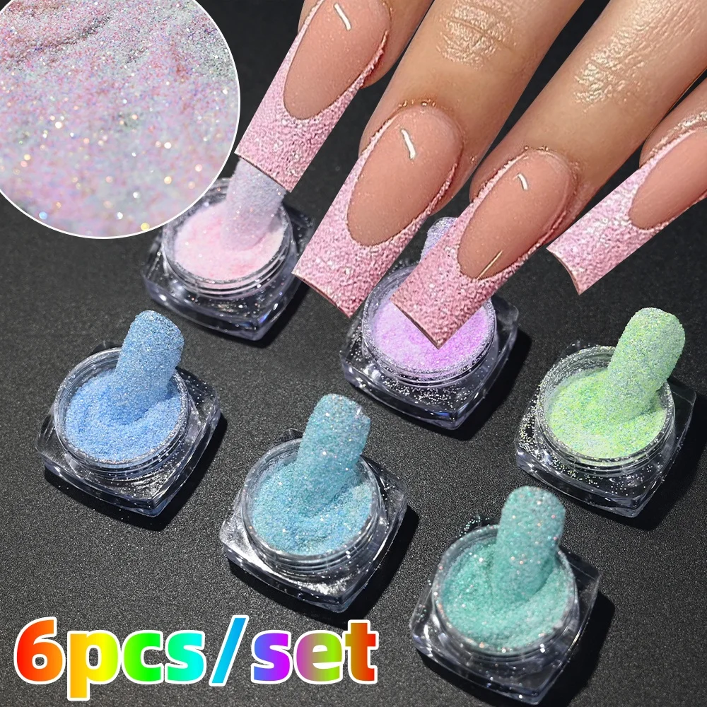 6pcs/Set Shining Sugar Nail Glitter Powder Candy Woolen Coat Effect Blue Pink Purple Pigment Dust Christmas Nails Art Decoration