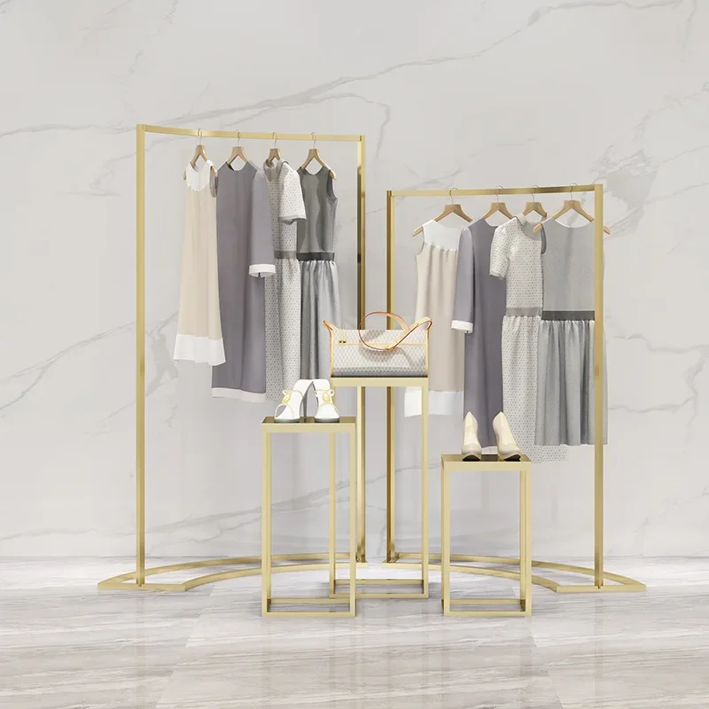 Wrought iron clothing rack, gold clothing store window display, single rod side display rack in the middle