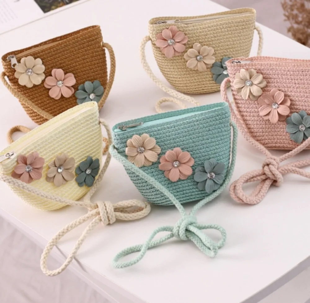 Summer Baby Flower Breathable Straw Handbag Bags Kids Bag Boy Girls Lovely Cute Keys Princess Mini Waist Packs Messenger Bag