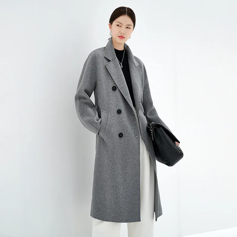 Max Double Breasted Long Jacket, Pure Cashmere Jacket, Woolen Pure Color Elegant Jacket