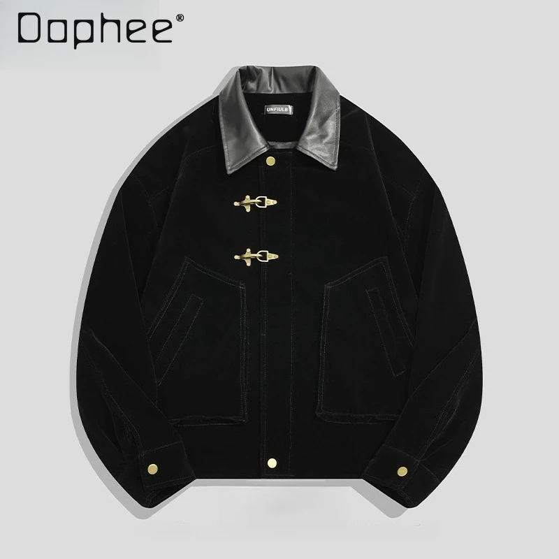 

Spring and Autumn New Retro Workwear High-end Fashion Patchwork Airplane Button Dark Gray Brown Loose Casual Men's Jacket