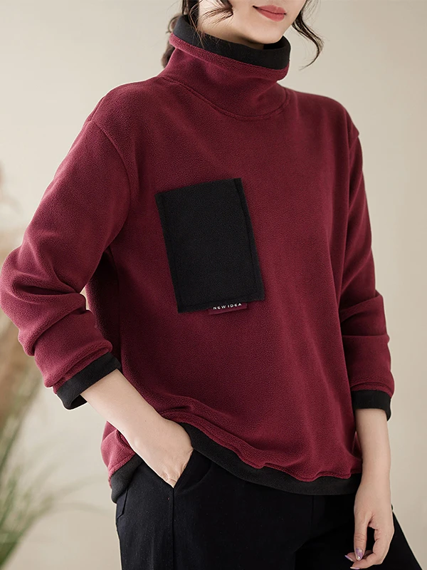 

Женская повседневная толстовка-свитшот с высоким воротником, двухсторонняя, из бархата, с цветными блоками и пэчворком, большие размеры