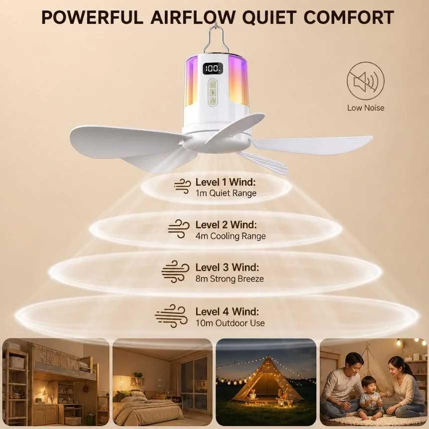 12000mAh Rechargeable Camping Ceiling Fan Lamp 4 Speed RGB Ambient Light Portable Tent Fans for Bedroom Dorm Home Outdoor Travel