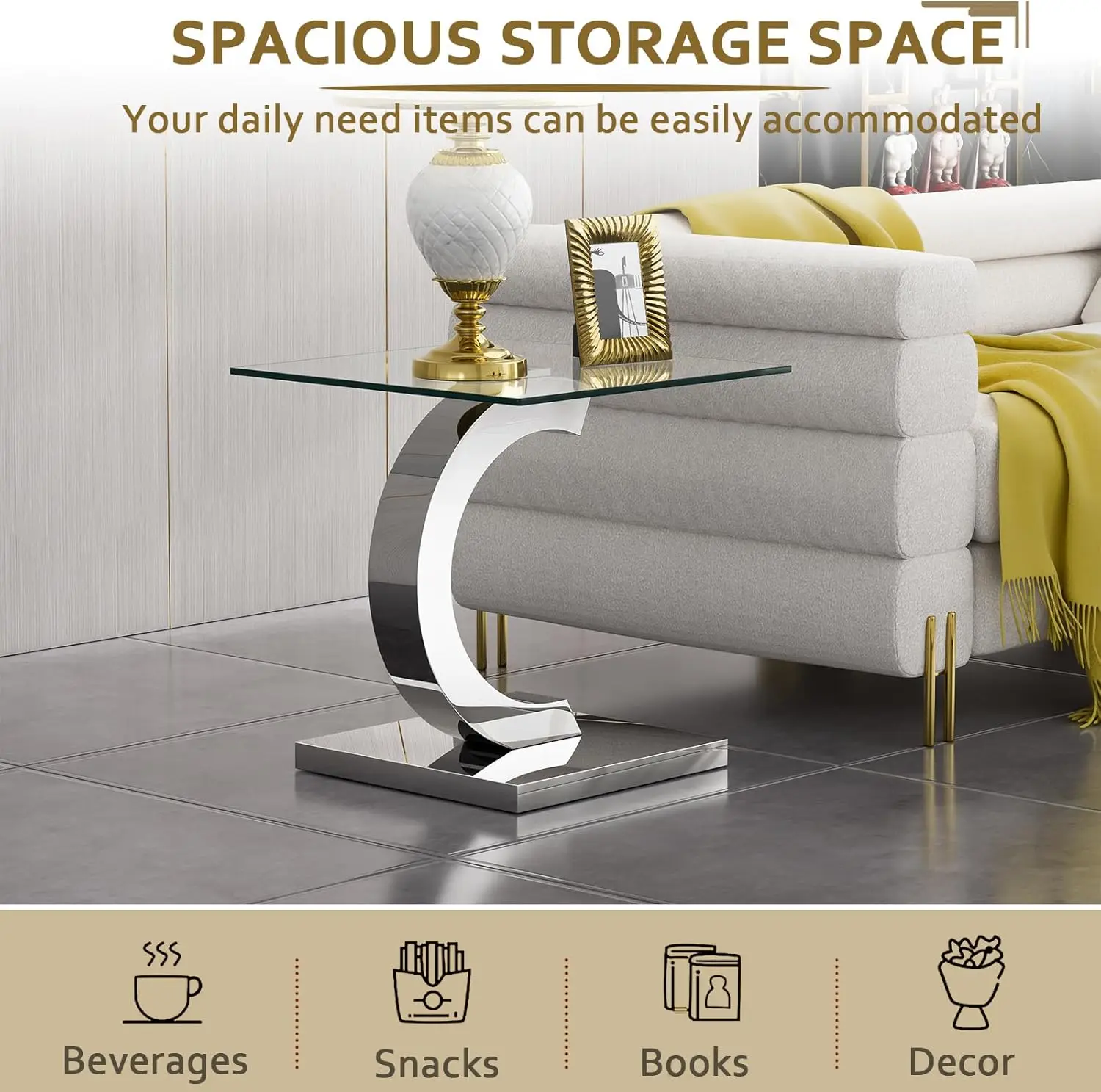 Glass End Table, 22.83"" Square Side Table With Tempered Glass Top And Silver Mirror Finish Stainl Steel C-Shaped Base, Modern