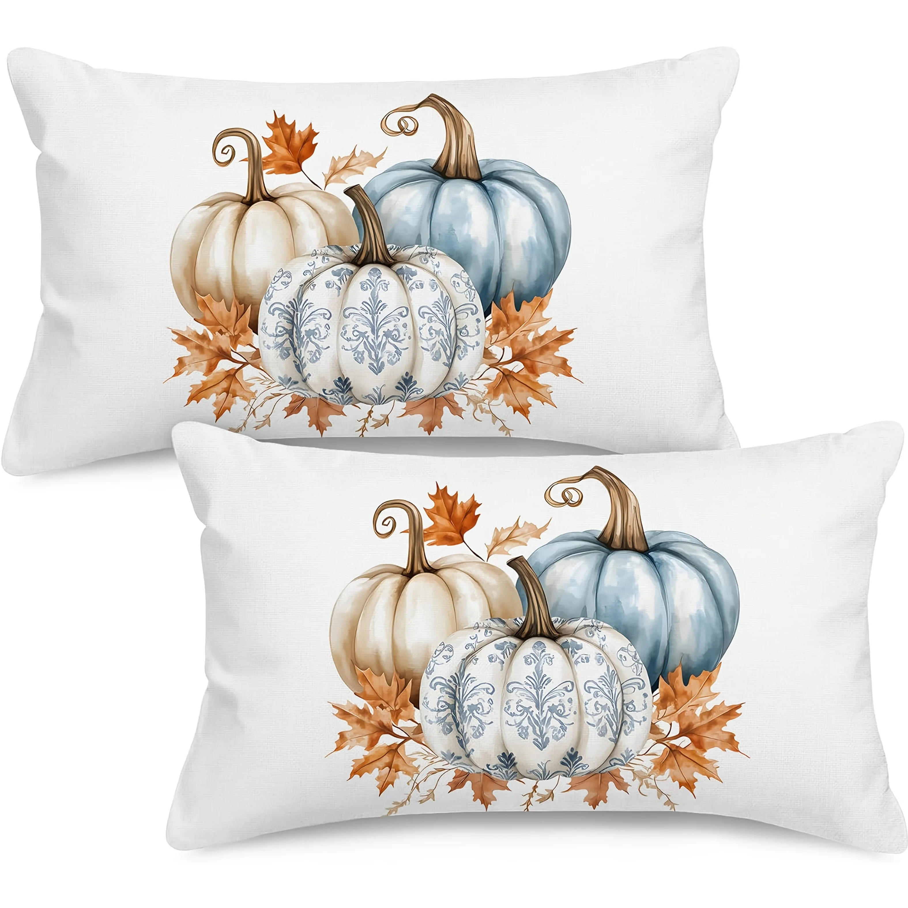2D FLAT-2pcs Fall Blue Pumpkin Lumbar Pillow Covers Pillowcase sofa cushion cover family bedroom room decoration