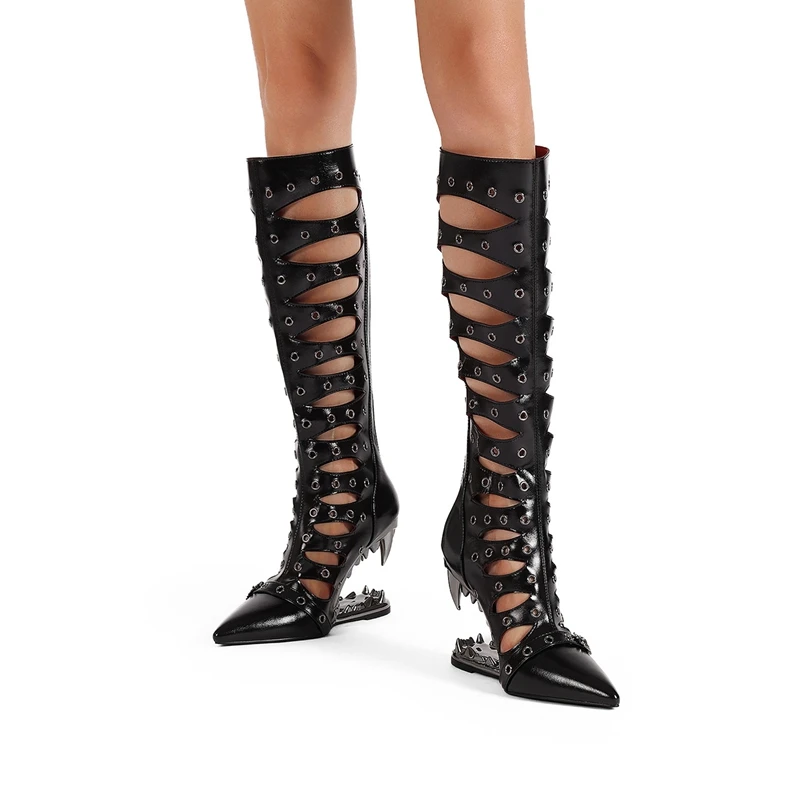 

Women's new summer pointed metal rivet belt buckle and knee shaped high-heeled hollow breathable long boots high tube cool boots