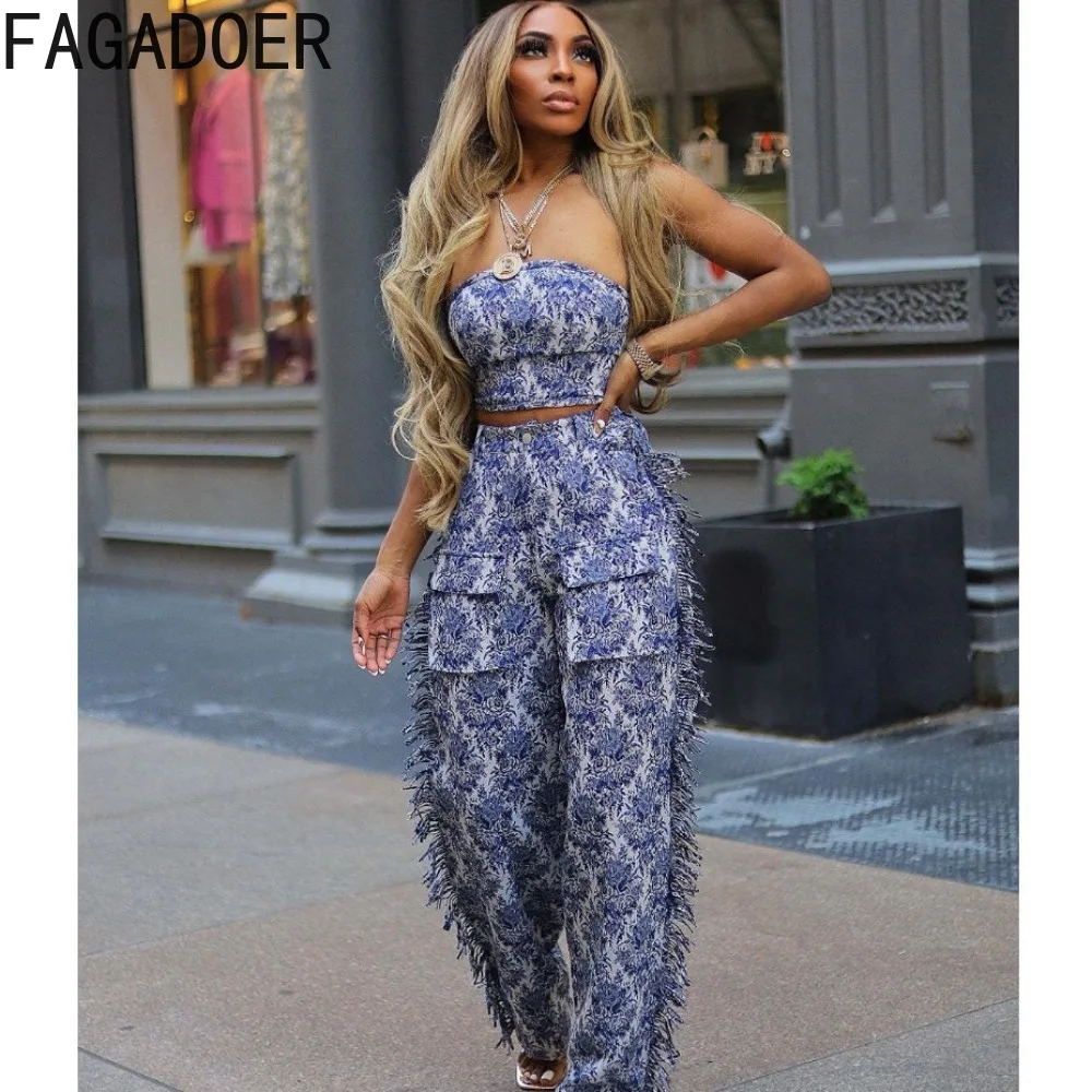 FAGADOER Fashion Streetwear Women Flowers Print Lace Up Sleeveless Backless Tube And Tassels Pants Two Piece Set Female Clothing