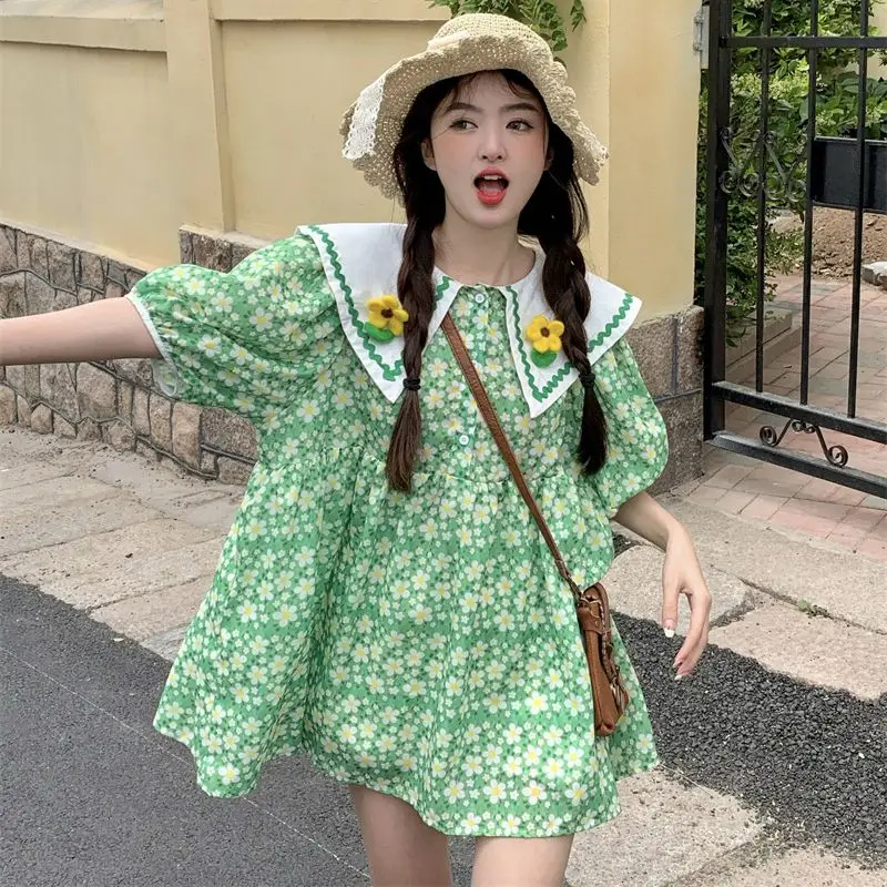 Plus Size 5XL 140KG Summer Short Sleeve Green Floral Dress for Women High Waist Maxi Flower Dresses Big Collar Sweet Dress