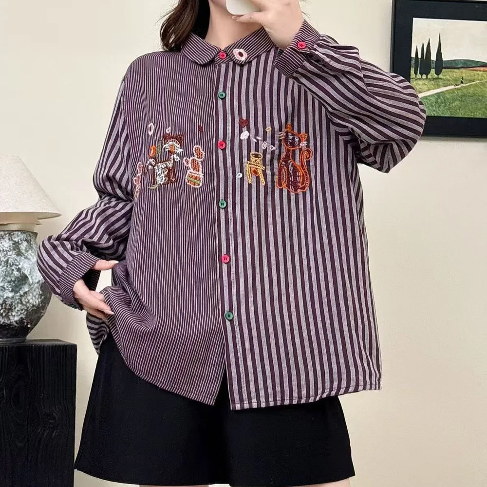 

Японская винтажная женская рубашка в стиле Мори с мультяшной вышивкой, в полоску, с лоскутным шитьем, из хлопка, весенняя, с длинным рукавом, повседневная, свободная блузка-топ