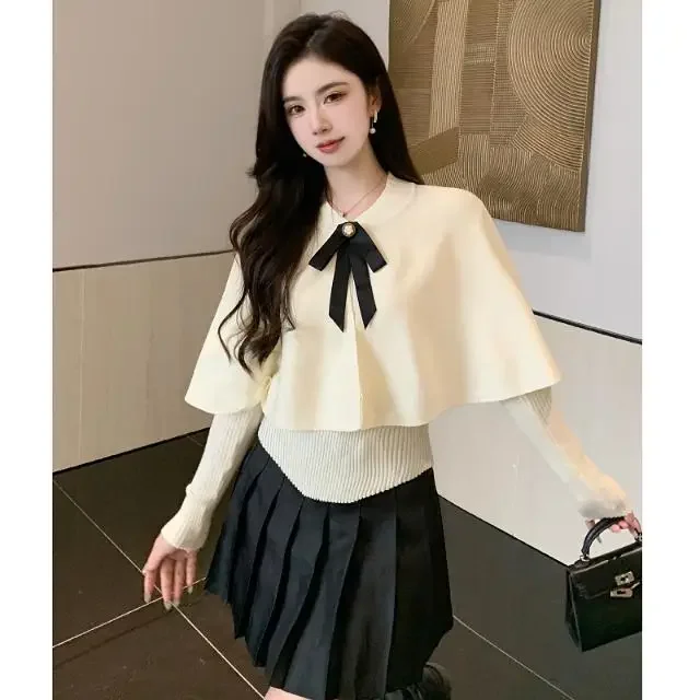 Gagaok Autumn Retro Shawl Sweaters Two Piece Sets Women Korean Fashion Gentle Bow Round Neck Solid Top Slim Pull Femme