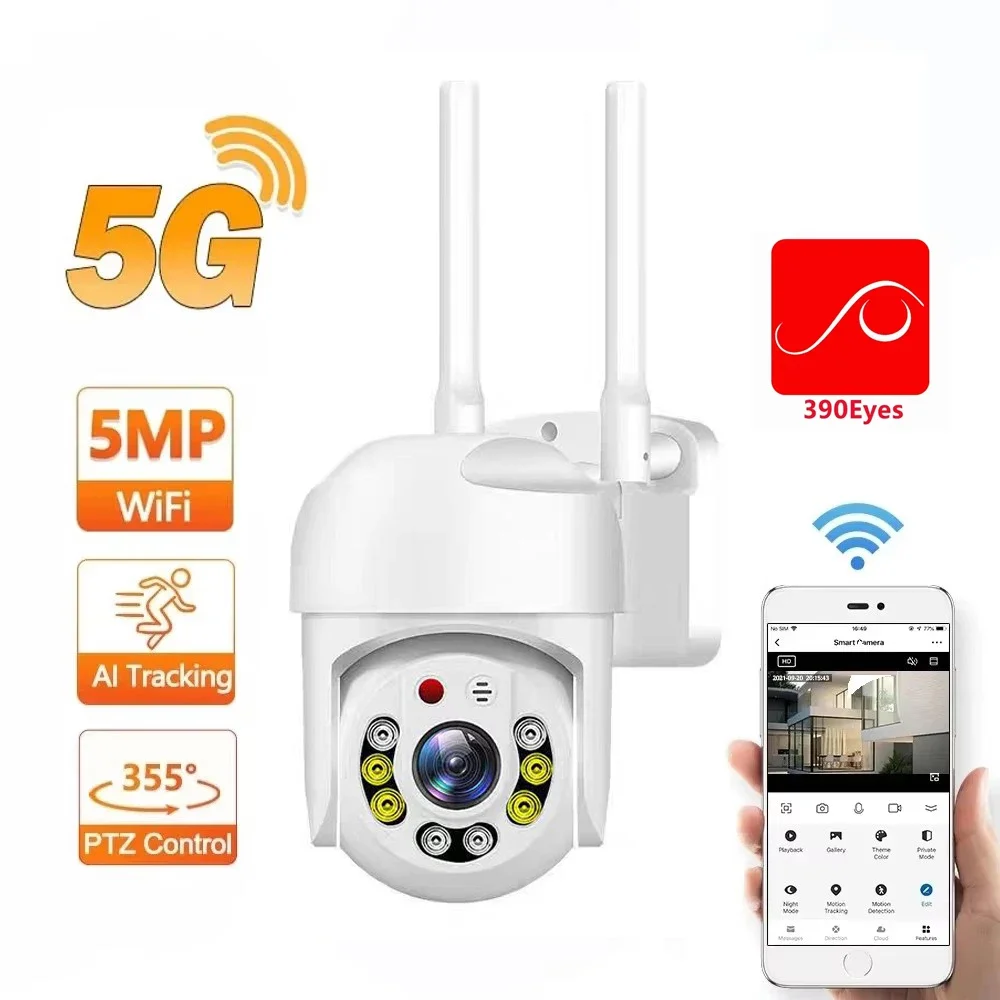 390EYES-Caméra de surveillance extérieure PTZ WiFi 5G/2.4G, dispositif de sécurité sans fil, avec suivi automatique, détection IA, audio