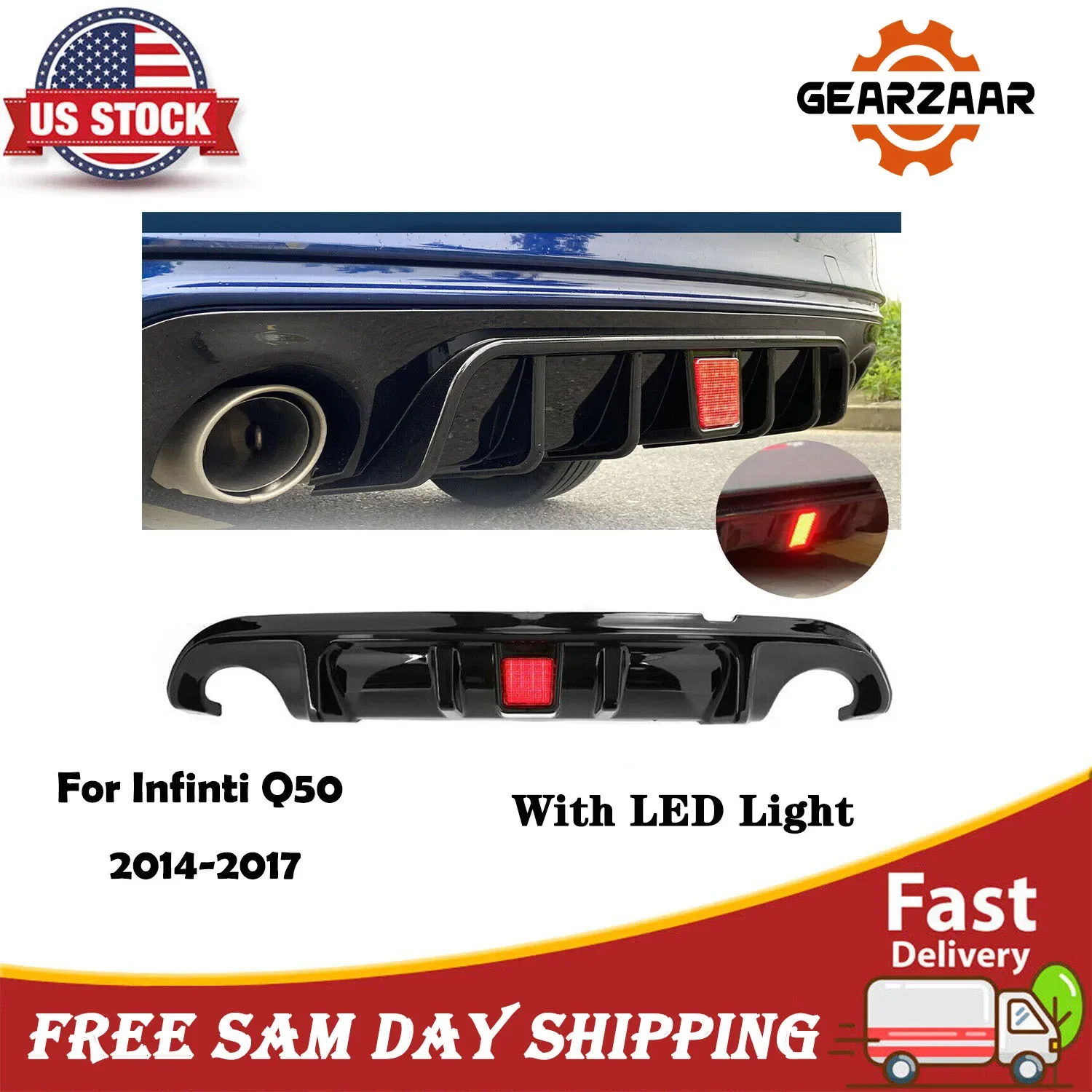 

Glossy Black Rear Bumper Diffuser Spoiler Lip Guard Apron With w/ LED Brake Light Lamp Body Kit For Infiniti Q50 2014-2017