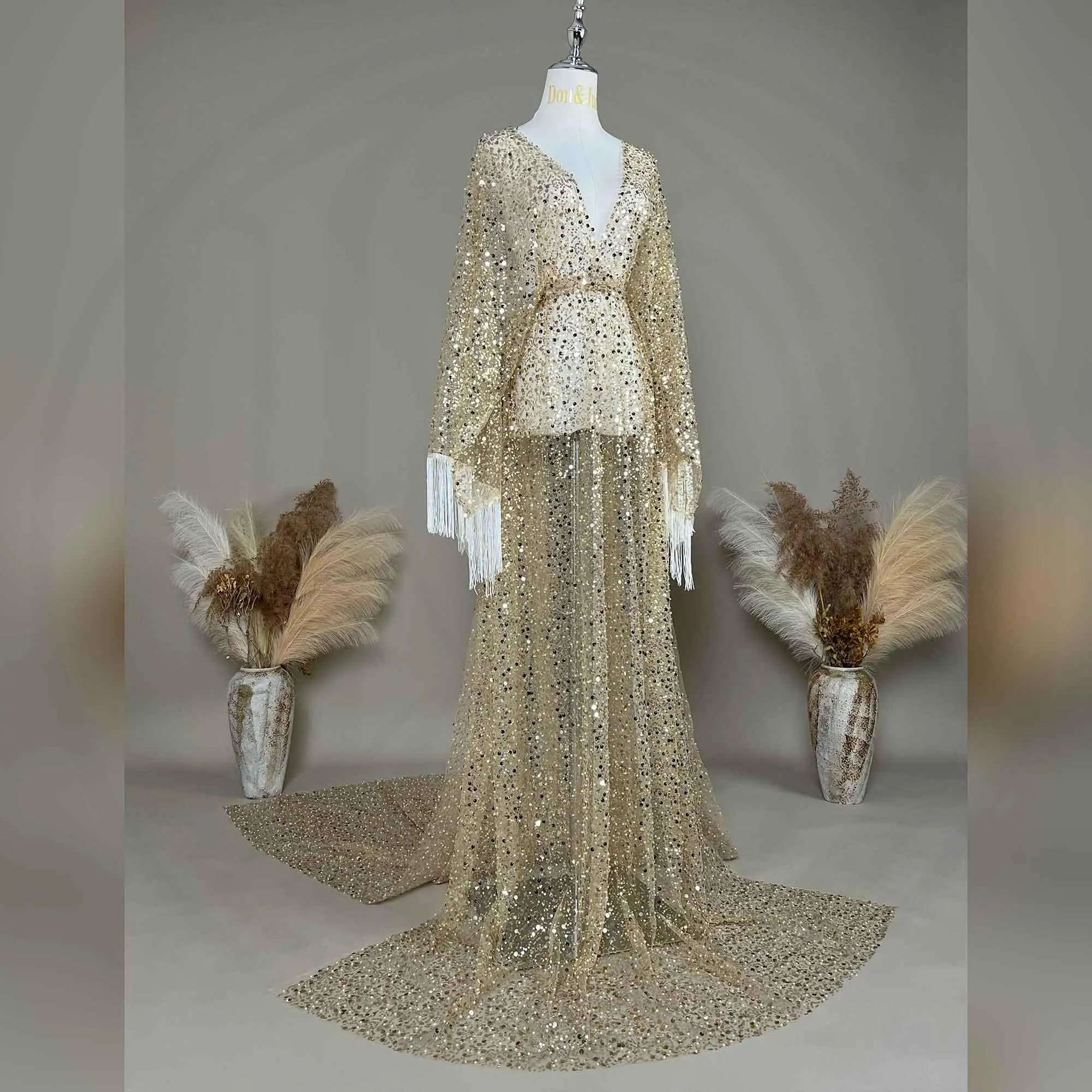 Don&Judy Tulle Embroidery Dress For Pregnant Woman Sequin, Pearl Tassel Dress Sexy V Neck Clothing For Evening Party