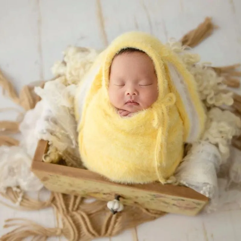 2023Newborn fuzzy bunny hat with wrap for newborn photography props,soft blanket for baby photo shoot